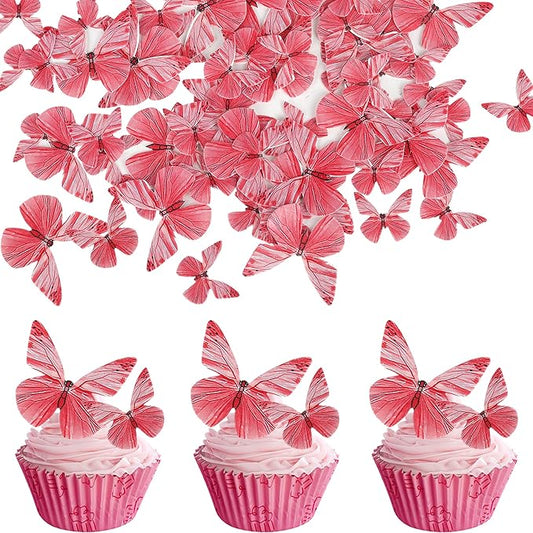 72PCS Edible Cupcake Toppers - Butterfly Cake Decoration - Edible Butterfly Cupcake Picks for Baby Shower, Kids Birthday Party - Rose Red