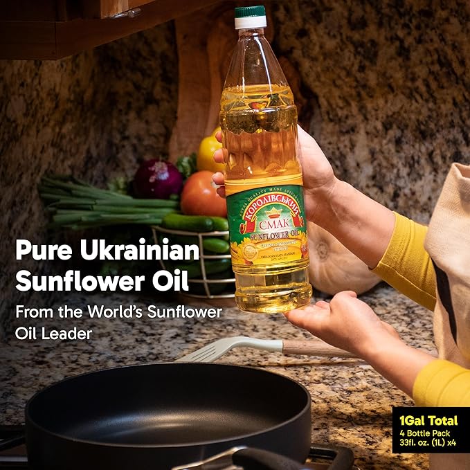 Refined Sunflower Oil, 1 Gal (4 x 1L), Premium Imported Ukrainian Cooking Oil, NON GMO, Halal & Kosher Certified, Neutral Oil for Frying & Salad
