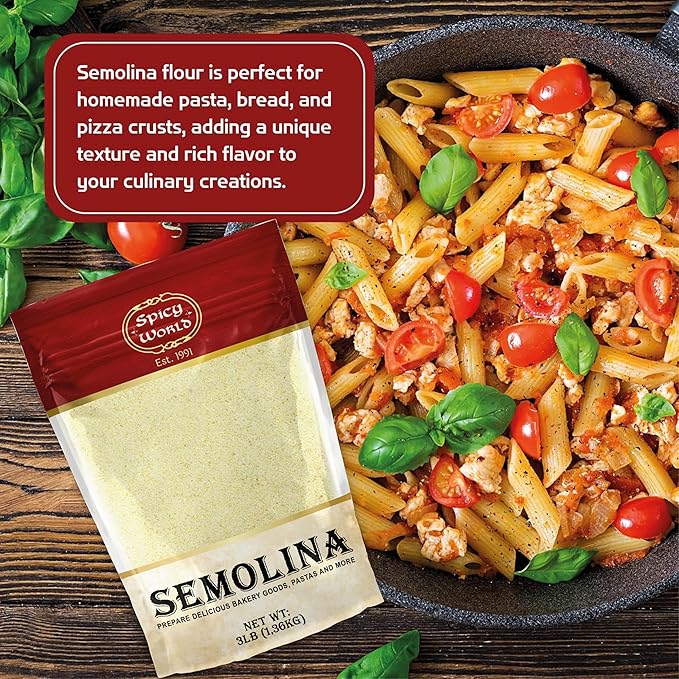 Spicy World Semolina Flour 3 LB (48 Ounce) | USA Grown Semolina for Pizza, for Pasta, and Bread Making | Fine Ground, Bulk Yellow Durum Semola Flour for Pizza Peel