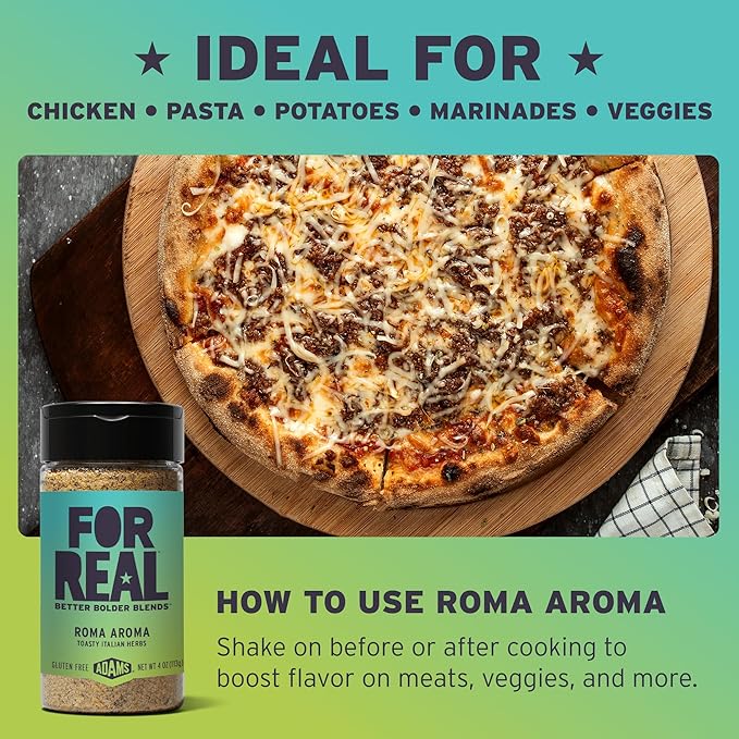 FOR REAL Roma Aroma Seasoning - Toasty Italian Herb Blend with Garlic, Basil & Parmesan - Gluten Free, Kosher, No Seed Oils or MSG - Bold Flavor for Pasta & More - 4oz