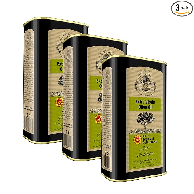 Ellora Farms, Greek Extra Virgin Olive oil, Certified Single Estate PDO, Traceable olive oil, Harvested in Crete, Kosher ek, 1 Lt. X 3 Tins, total 101.4 FL oz.