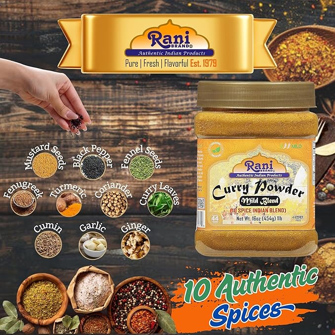 Rani Curry Powder Mild (10-Spice Authentic Indian Blend) 1lb (454g) PET Jar ~ All Natural | Salt-Free | NO Chili or Peppers | Vegan | No Colors | Gluten Friendly | NON-GMO | Kosher | Indian Origin