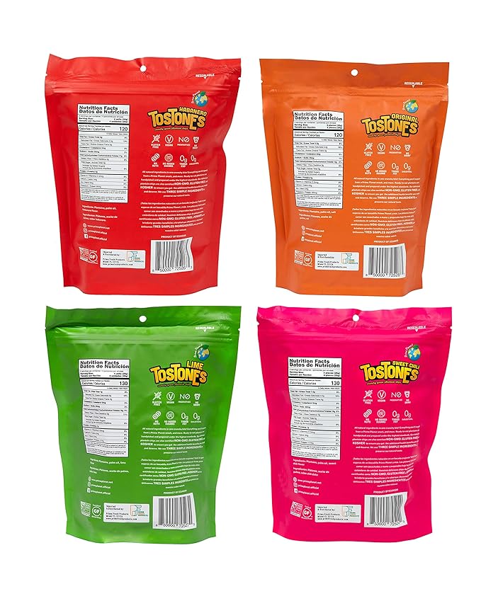 TOSTONES, 2 of Each Flavor, 4 Total Flavors, Original, Lime, Habanero, Sweet Chili, Green Plantains, Crunchy chips, Plantains, Palm Oil and Salt, 3.53 Oz per Unit, 8 Pack,