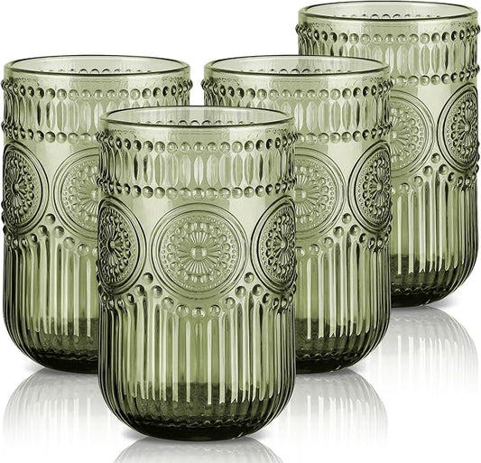 Joeyan Vintage Green Drinking Glasses Set of 4,14 oz Embossed Sunflower Beaded Highball Glass Water Tumbler Cups,Colored Romantic Glassware for Beverages Cocktail Juice Wine,Dishwasher Safe