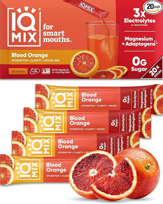 IQMIX Hydration Electrolyte Powder ??4-in-1 Formula for Hydration, Mental Clarity, Mood and Recovery ??Sugar-Free Drink Mix, Keto, Magnesium L-Threonate, Lion?™s Mane ??20 Count Blood Orange