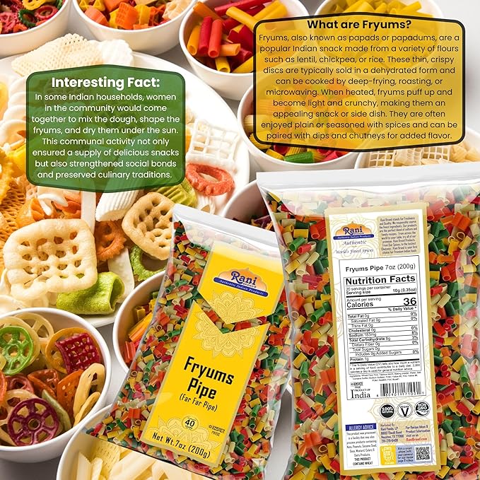 Rani Far Far/Fryums (Wheat & Tapioca Pellet) Round/Pipe Shape 7oz (200g) ~ Vegan, Kosher, Uncooked, Used to Make Papad, Bhungra/Chip Snack