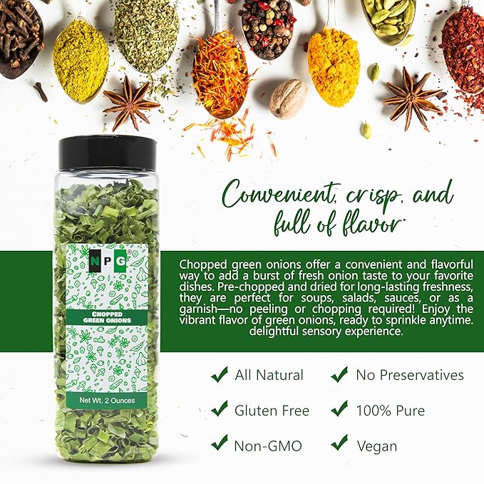 NPG Freeze Dried Chopped Green Onions 2 Oz, All Natural Non-GMO Gluten Free, Dried Scallions, Gourmet Spring Green Onions for Cooking, Salads, Garnish