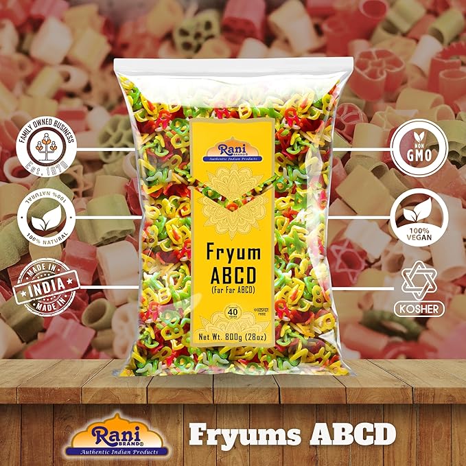 Rani Far Far / Fryums (Wheat & Tapioca Pellet) ABCD Shape 28oz (800g) ~ Vegan, Kosher, Uncooked, Used to Make Papad, Bhungra / Chip Snack