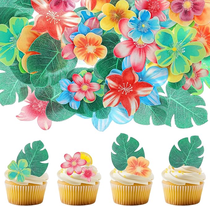 60 PCS Edible Flowers for Cupcakes Leaves and Flowers Hawaii Cupcake Toppers Tropical Turtle Leaves Flower Cupcake Picks Hawaiian for Hawaii Aloha Party Summer Jungle Theme Baby Shower