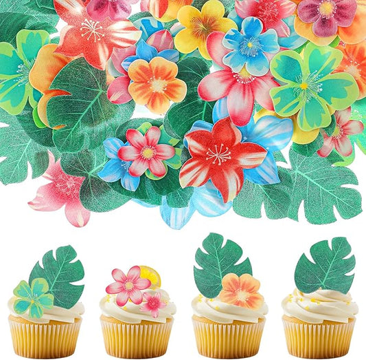 60 PCS Edible Flowers for Cupcakes Leaves and Flowers Hawaii Cupcake Toppers Tropical Turtle Leaves Flower Cupcake Picks Hawaiian for Hawaii Aloha Party Summer Jungle Theme Baby Shower