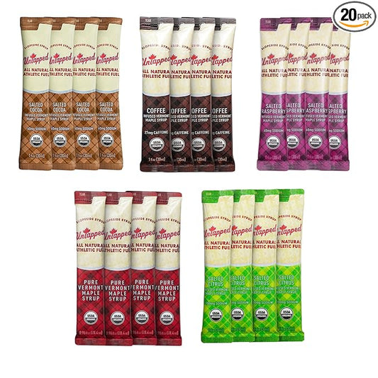 UnTapped Maple Syrup Energy Gels Pack of 20 | 5 All-Natural Flavors Including Coffee, Raspberry, Pure Maple, Citrus, & Cocoa | USDA Organic-Certified Maple Syrup for Long-Lasting Energy