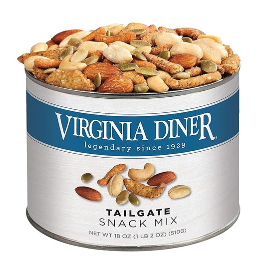 Virginia Diner Tailgate Snack Mix - Gourmet Snack Mix with Cashews, Sesame Sticks, Pepitas & Almonds - Virginia Peanuts Gift Pack Snacks for Adults - 18 Oz Tin