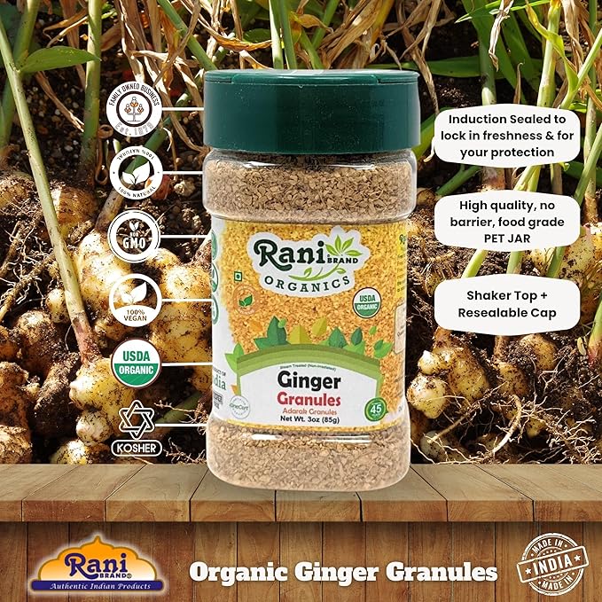 Rani Organic Granulated Ginger (Adarak Granules) 3oz (85g) PET Jar ~ All Natural | Gluten Friendly | Vegan | NON-GMO | Kosher | No Salt or fillers | Indian Origin | USDA Certified Organic