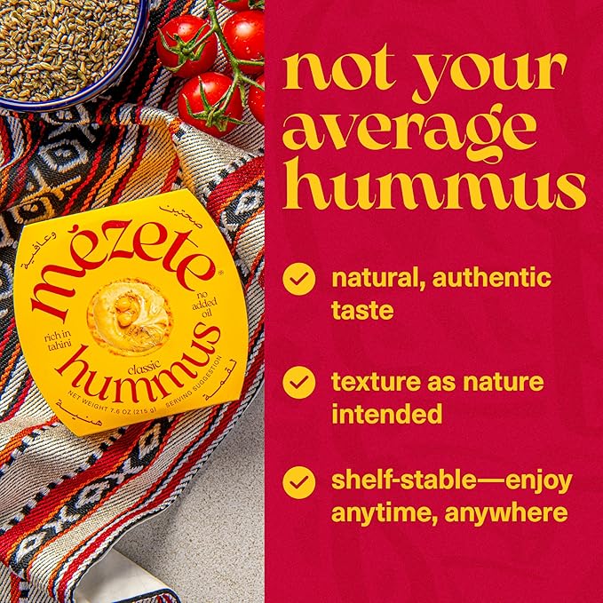 Mezete Traditional Middle Eastern Hummus | 100% All Natural Dips and Spreads | Flavorful Tahini Rich Vegan Dip | Halal | Gluten-Free | No Preservatives | On the Go Cup | 180g