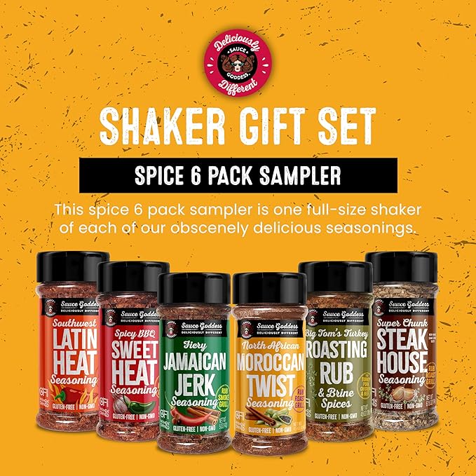 Sauce Goddess - Spice 6-Pack Sampler - Seasonings & Spices Gift Set, No Additives, Non-GMO, Gluten-Free, Shaker Set (6 pcs)