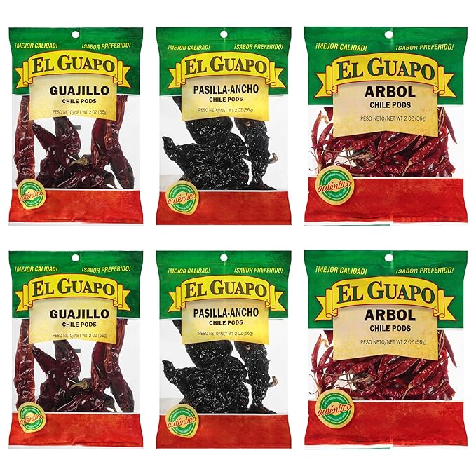 El Guapo Chile Pods Variety Pack, Hispanic Ingredients, Mexican Chiles, Includes Whole Guajillo, Pasilla Ancho, and Arbol, 12 oz