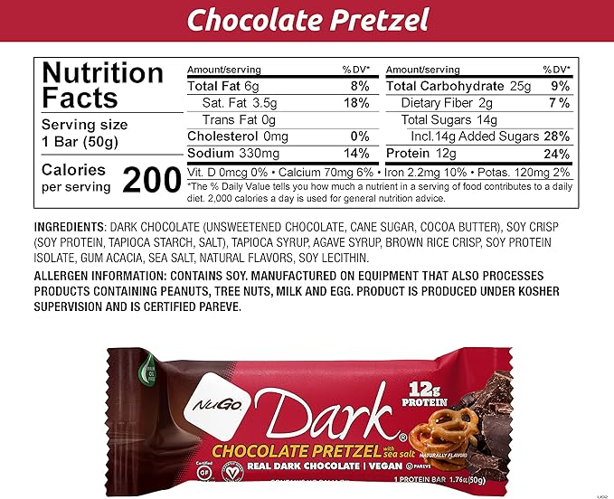 NuGo Dark Variety - Pretzel w/ Sea Salt 12 bars & New! Chocolate Almond w/ Sea Salt 12 bars, 12g Protein Bar, Vegan, Gluten Free, Non-GMO, Kosher Pareve, 24 count
