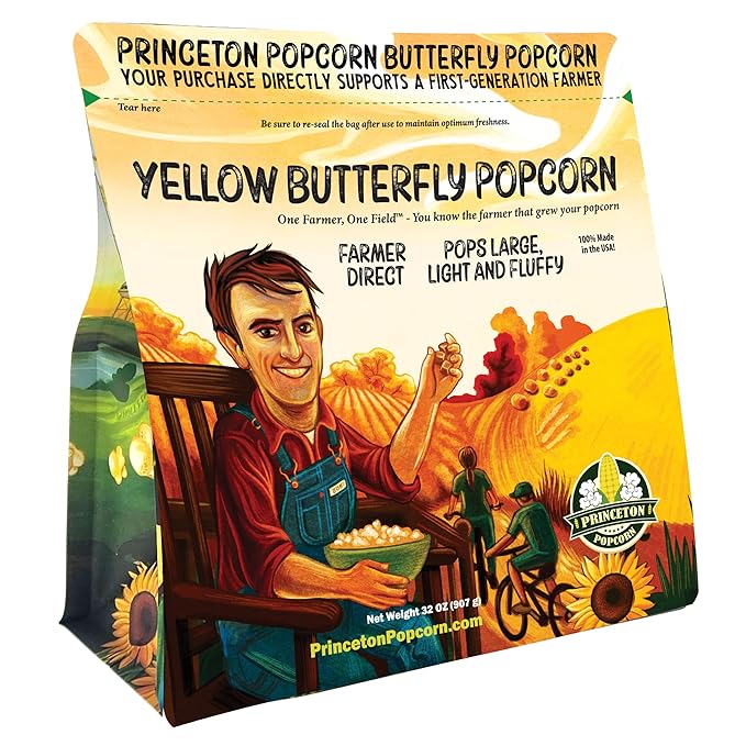 Princeton Popcorn Yellow Butterfly Large Popcorn Kernels - Large Fluffy Tender Popping Corn, Non-GMO Popcorn Kernels, No Roundup, Direct from Farmer, Microwave Air Popper or Stovetop 2lb Bag