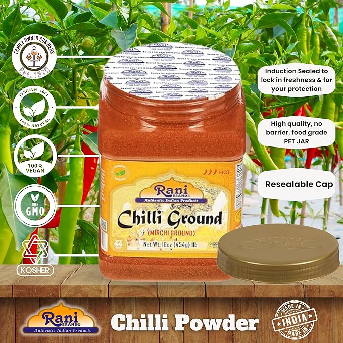 Rani Chilli Powder (Mirchi) Ground Indian Spice 16oz (1lb) 454g PET Jar ~ All Natural | Salt-Free | Vegan | No Colors | Gluten Friendly | NON-GMO | Kosher | Indian Origin