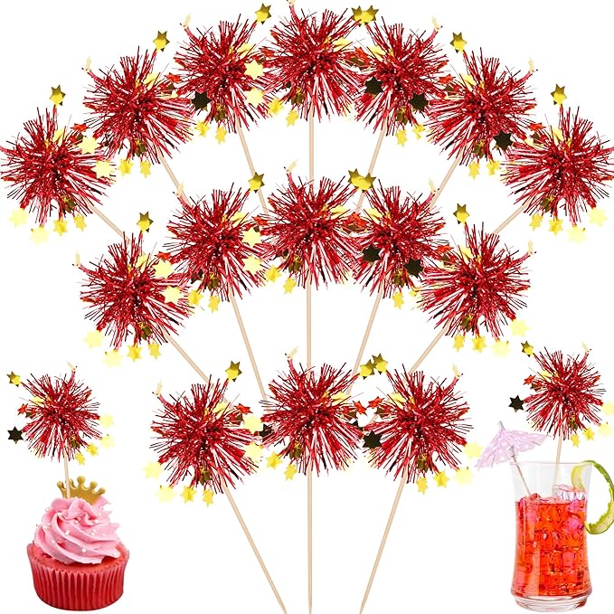 Rsstarxi 30 Pack Foil Firework Cupcake Toppers Happy Valentine's Day Cupcake Toppers Tinsel Flower Drink Stirrers Cocktail Food Fruit Toothpicks for New Years Birthday Party Cake Decorations Red