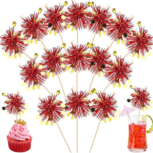 Rsstarxi 30 Pack Foil Firework Cupcake Toppers Happy Valentine's Day Cupcake Toppers Tinsel Flower Drink Stirrers Cocktail Food Fruit Toothpicks for New Years Birthday Party Cake Decorations Red