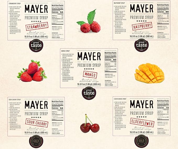 Mayer Hungarian Syrup 5-Flavor Variety Pack ??Award-Winning Artisan Fruit Syrups (Raspberry, Mango, Elderflower, Sour Cherry, Strawberry), All-Natural, No Artificial Additives, 5 × 16.9oz Bottles.
