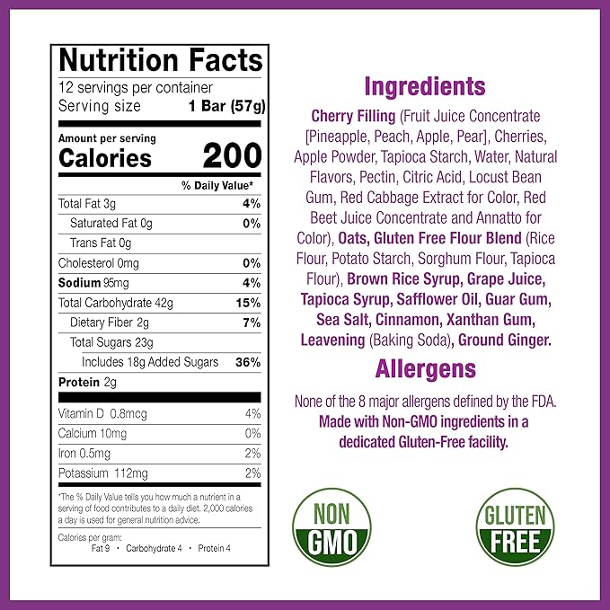 Betty Lou's Fruit Bars, Cherry Pack of 12, Gluten Free, Vegan, Non GMO, Deliciously Healthy Snacks Made with All Natural Fruit Juice, Individually Wrapped, 2 oz. Each, 12 Bars