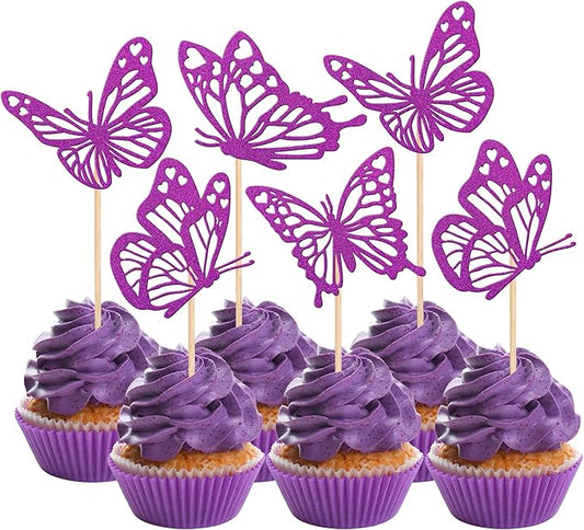 Rsstarxi 24 Pack Butterfly Cupcake Toppers Glitter Assembled Hollow Butterfly Cupcake Picks Baby Shower Cake Decorations for Wedding Engagement Bridal Shower Kids Birthday Party Supplies Purple