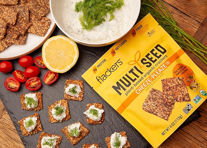 Flackers Organic Cheeze-Pleaze Multi-Seed Crackers, 4 Ounce 6-Pack, Gluten Free, Non GMO, Vegan, Keto Snack, 6g protein, 6g Fiber, 2g Net Carbs