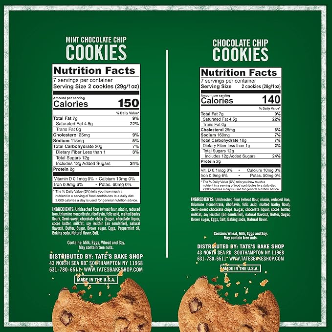 Tate's Bake Shop Cookies Variety Pack, Mint Chocolate Chip & Chocolate Chip Cookies, 4 Bags