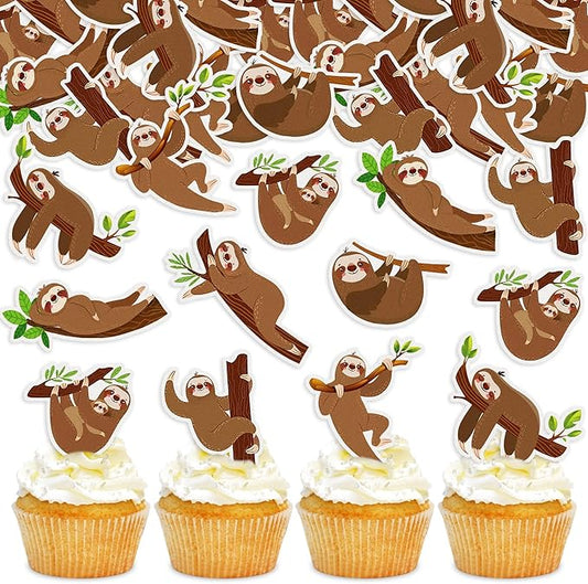 42Pcs Edible Cupcake Toppers Wafer Paper Sloth Animal Cupcake Toppers Drink Topper Dessert Muffin Cake Picks Cake Decoration for Children Birthday Party Decoration