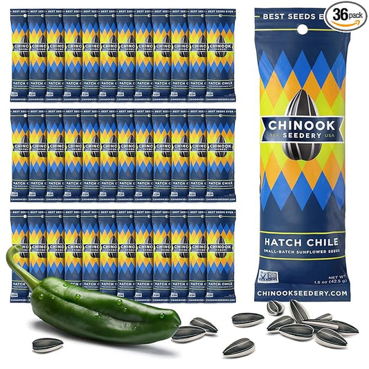 Chinook Seedery Roasted Sunflower Seeds to Eat - 1.5 oz (Pack of 36) Hatch Green Chile - Jumbo Low Sodium Sunflower Seeds Keto Snacks - Adventure, Baseball, School Snacks - Gluten Free, Non GMO Snacks