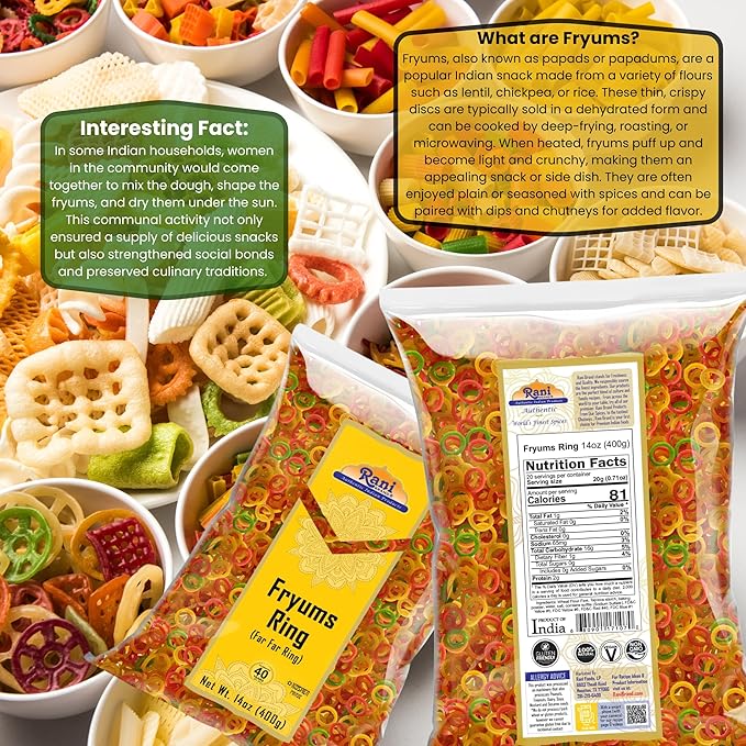 Rani Far Far / Fryums (Wheat & Tapioca Pellet) Ring Shape 14oz (400g) ~ Vegan, Kosher, Uncooked, Used to Make Papad, Bhungra / Chip Snack
