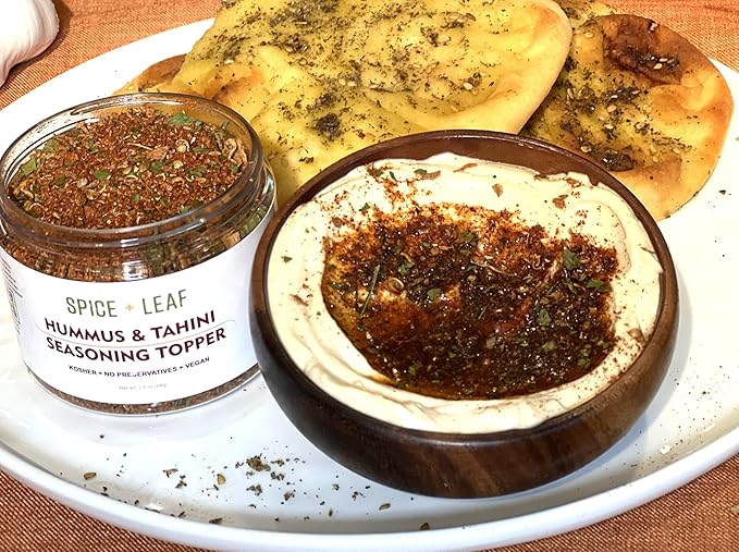 Premium Hummus & Tahini Seasoning Topper by SPICE + LEAF - Vegan Kosher Presticide Free - Spice blend for Hummus, Tahini, Guacamole, Eggs, Salad, Fish and Cooked Vegetables, 2.4 oz.