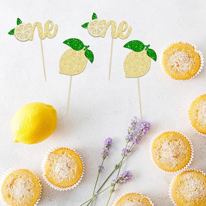 24Pcs Lemon One Cupcake Toppers Glitter Fruit Lemonade First Birthday Cupcake Picks for Lemon Theme Baby Shower 1st Birthday Party Cake Decorations Supplies