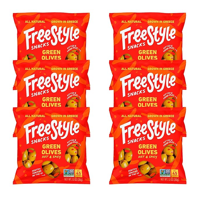 Freestyle Snacks Olive Snack Packs - Single Serve - Fresh Pitted Green Olives, Jumbo-Sized, Grown in Greece, All Natural, Non-GMO, Paleo, Sugar-Free, Keto, Salty Snack - Hot and Spicy, 1.1oz (6 Pack)