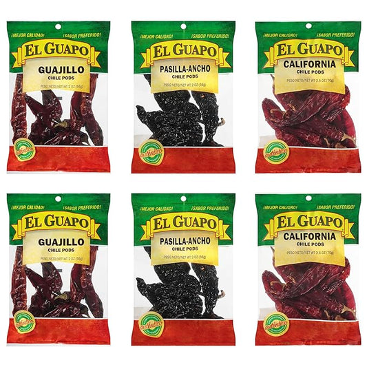 El Guapo Chile Pods Variety Pack, Hispanic Ingredients, Mexican Chiles, Includes Whole Guajillo, Pasilla Ancho, and California Chili Pods, 13 oz
