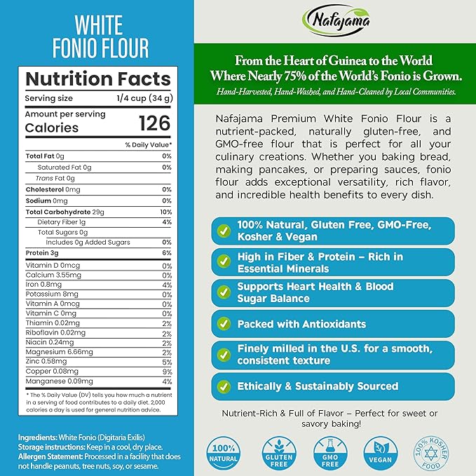 Nafajama Premium Gluten-Free White Fonio Flour | Ancient African Superfood | All-Natural, Non-GMO, Vegan, High-Fiber ??1 Bag of 110 lb / 50 kg