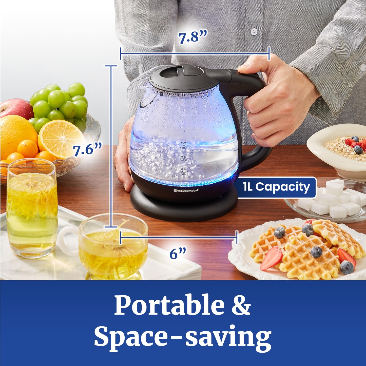 Elite Gourmet EKT1001 1.0L Glass Kettle, 1100W, Cordless Base, Black