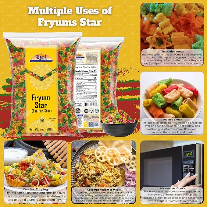 Rani Far Far/Fryums (Wheat & Tapioca Pellet) Star Shape 7oz (200g) ~ Vegan, Kosher, Uncooked, Used to Make Papad, Bhungra/Chip Snack