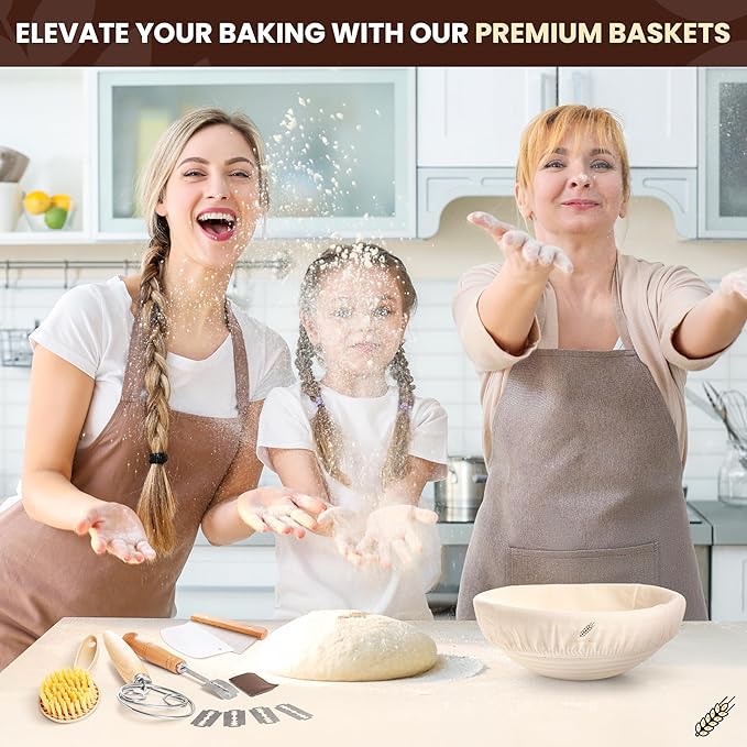 BAKERIA 9" Banneton Proofing Basket Kit (Round) ??Sourdough Bread Making Set with Danish Whisk, Bread Lame + 5 Blades, 2 Scrapers, Brush, Linen Liner & Recipe Book ??No Starter Culture