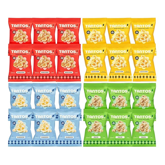Tantos! Puffed Pasta Chips ??Healthy Pasta Snack by Top Chef Joe Sasto ??Plant-Based, Low Calorie, Crunchy Chips ??Variety Pack ??Marinara, Pesto, Cacio e Pepe, Classico ??Gourmet Bold Flavors (1oz-24 Pack (6 of Each Flavor), Variety)