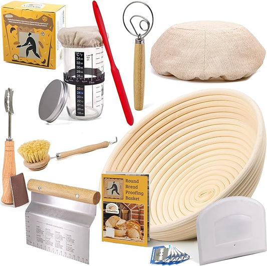 Sourdough Bread Baking Supplies Starter Kit, Banneton Proofing Basket 9'' Round, Sourdough Starter Jar, Scraper, Scoring Lame, Brush, Short Danish Whisk, Gift Set