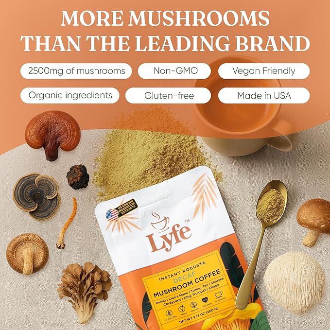 LYFE Organic Instant Decaf Mushroom Coffee ??Lion?™s Mane, Chaga, Cordyceps, Turkey Tail | USA Grown Adaptogenic Mushrooms for Better Energy, Focus, Gut Health, Immunity ??40 Servings