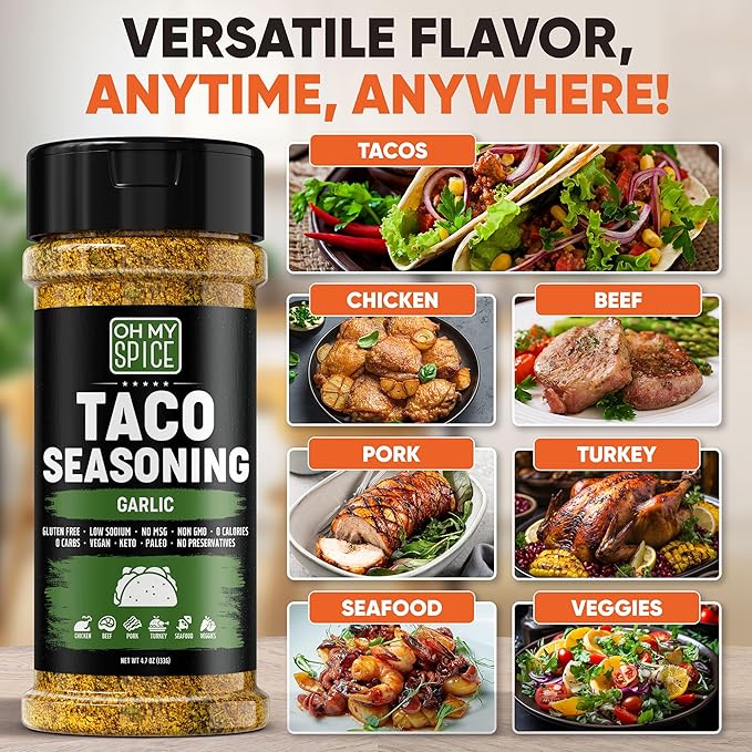 Taco Seasoning Mix Garlic Powder - Gluten Free & Low Sodium Mexican Seasoning Blend for Taco Tuesday Night. Garlic and Herb Seasonings for Fajita & Burrito. Meat, Chicken & Fish Tacos Toppings. 4.7oz