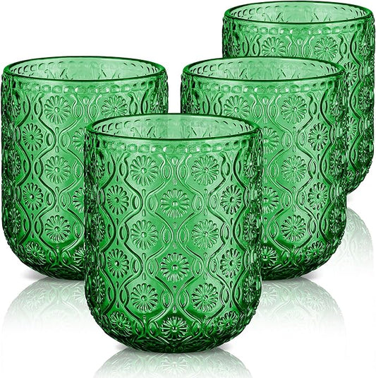 Joeyan Small Drinking Glasses,Vintage Green Embossed Floral Water Glass Tumbler Cups,Colored Beverages Cocktail Juice Wine Glassware,9 oz,Set of 4,Dishwasher Safe