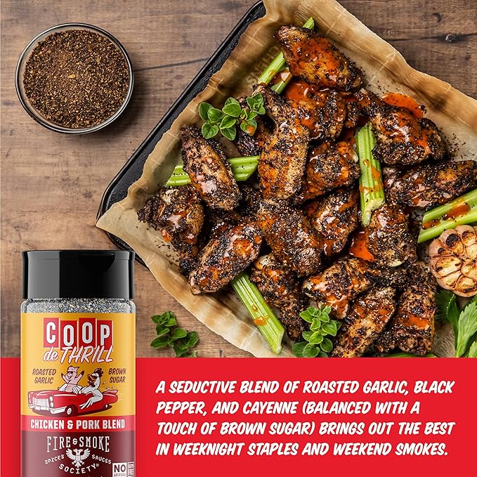 Fire & Smoke Society Coop de Thrill BBQ Seasoning | Chicken Seasonings and Pork Rubs for Smoking and Grilling | Chicken Wings, Pork Seasoning, Poultry | Black Pepper, Chili Pepper, Brown Sugar | M 6.2 oz
