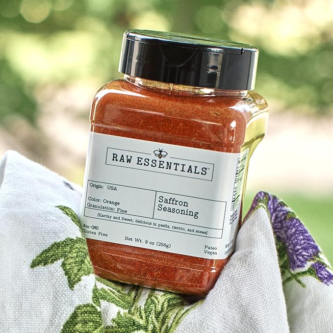 Raw Essentials Saffron Seasoning - Earthy and Sweet - Delicious in Paella, Risotto, and Stews - Luxurious Seasoning that is Non GMO, Gluten Free, Paleo and Vegan - 9 Ounce Bottle