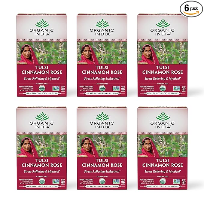 Organic India Tulsi Cinnamon Rose Herbal Tea - Holy Basil, Stress Relieving & Mystical, Immune Support, USDA Certified Organic, Supports Sugar Metabolism, Caffeine-Free - 18 Infusion Bags, 6 Pack