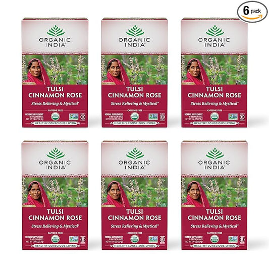 Organic India Tulsi Cinnamon Rose Herbal Tea - Holy Basil, Stress Relieving & Mystical, Immune Support, USDA Certified Organic, Supports Sugar Metabolism, Caffeine-Free - 18 Infusion Bags, 6 Pack